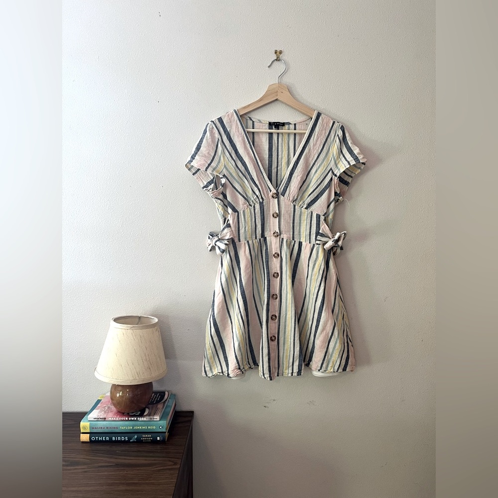 Muted Pastels Striped Button Up Mini Dress with Bows